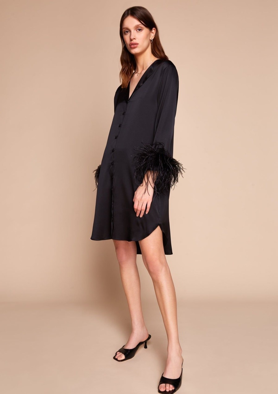 Women Gilda & Pearl Mini Dresses | Camille Silk And Feather Shirt Dress Black