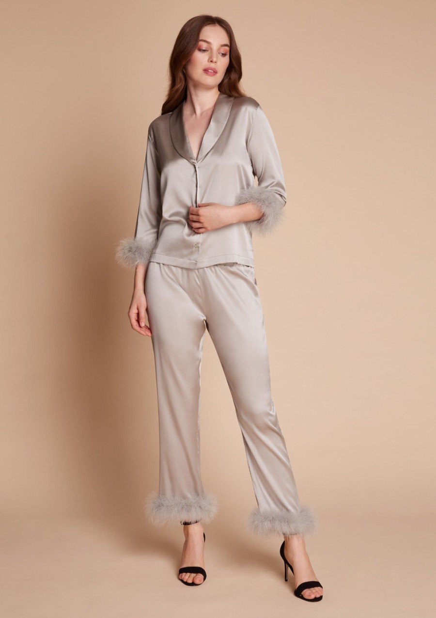 Women Gilda & Pearl Silk Pyjamas | Kitty Silk And Feather Pyjama Set In Silver Screen