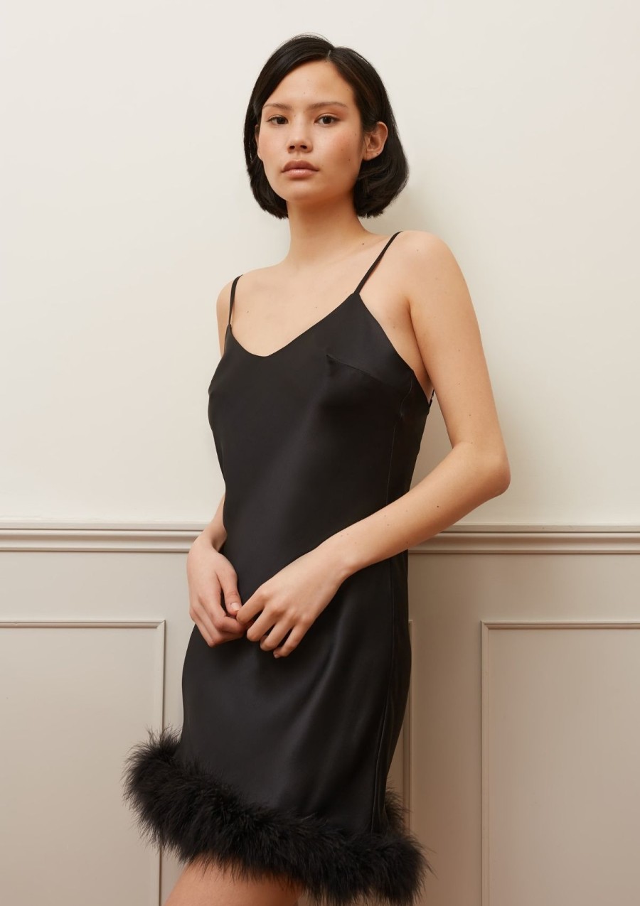 Women Gilda & Pearl Mini Dresses | Kitty Feather Trim Slip Dress In Black