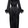 Women Gilda & Pearl Robes | Camille Feather Trim Silk Robe Black