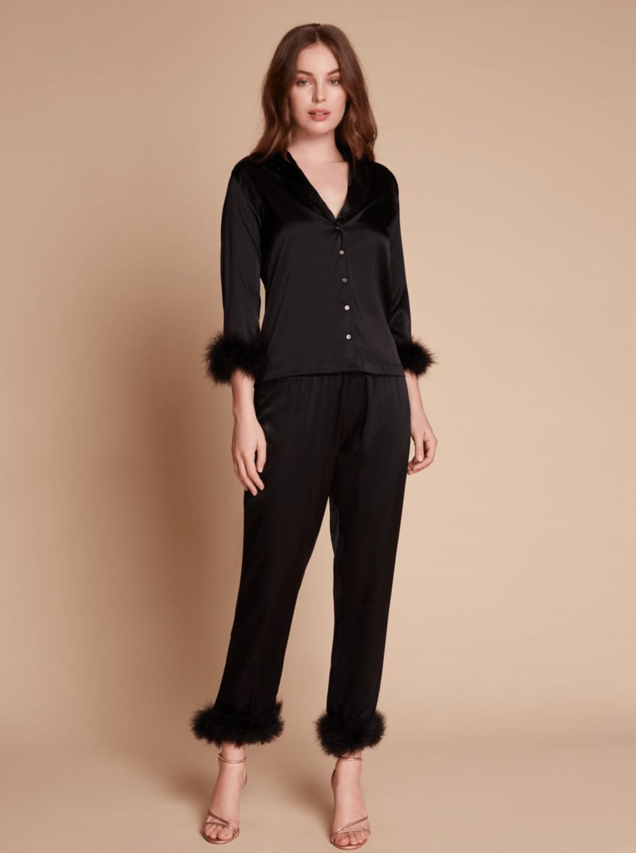 Women Gilda & Pearl Co-Ords | Kitty Feather Trim Pyjama Set Black