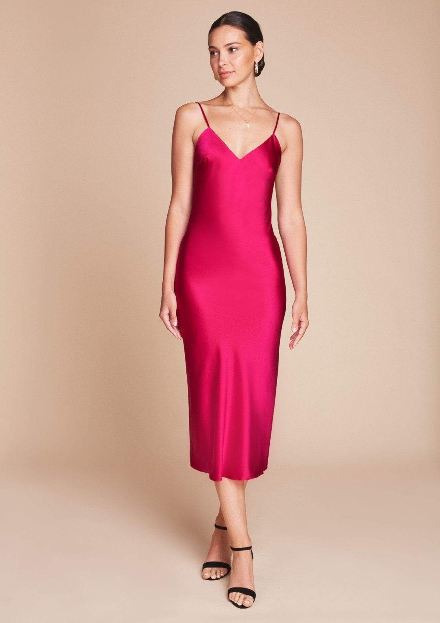 Women Gilda & Pearl Midi Dresses | Sophia Midi Silk Slip Dress In Pink Hollywood Rose