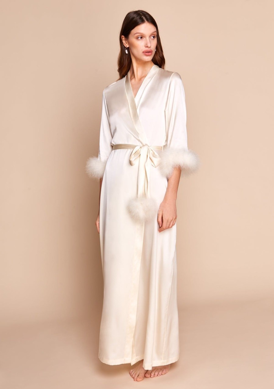 Women Gilda & Pearl Robes | Celeste Silk And Feather Long Robe Pearl