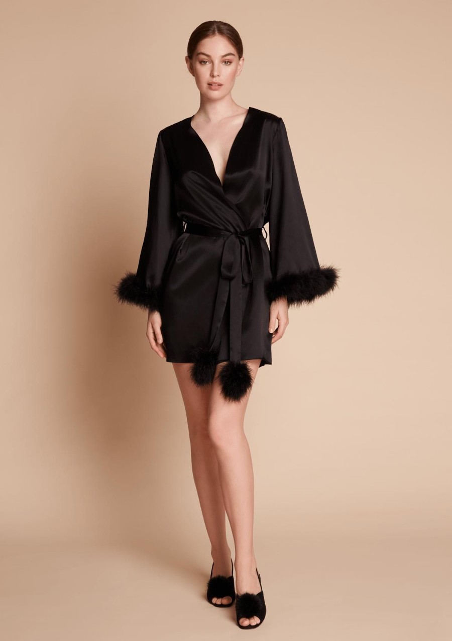 Women Gilda & Pearl Mini Dresses | Kitty Feather Trim Silk Robe In Black