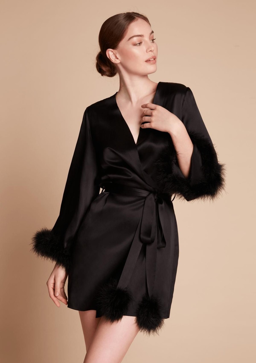 Women Gilda & Pearl Mini Dresses | Kitty Feather Trim Silk Robe In Black