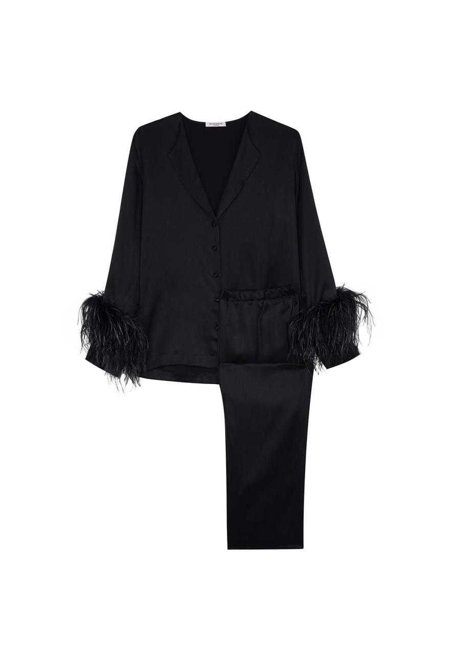 Women Gilda & Pearl Co-Ords | Camille Silk And Feather Pyjama Set Black