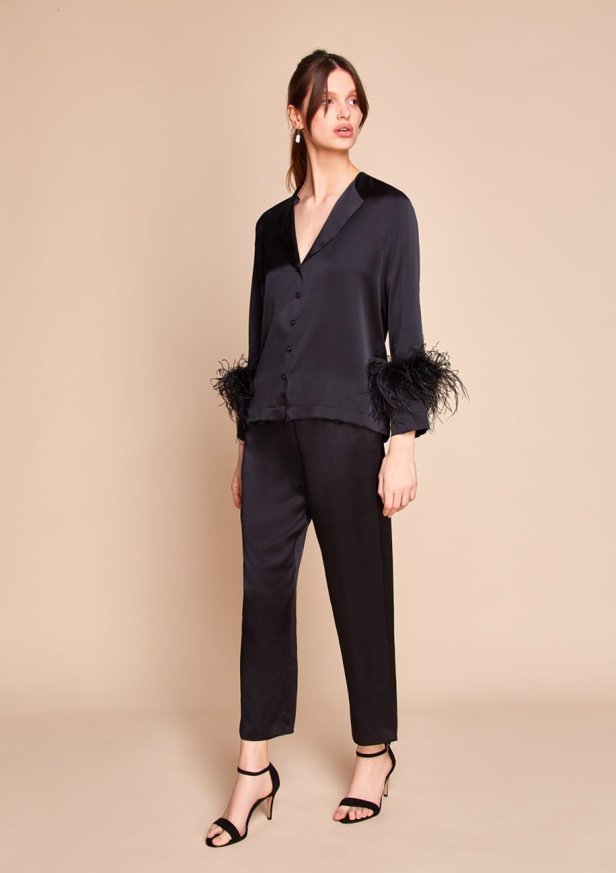 Women Gilda & Pearl Co-Ords | Camille Silk And Feather Pyjama Set Black