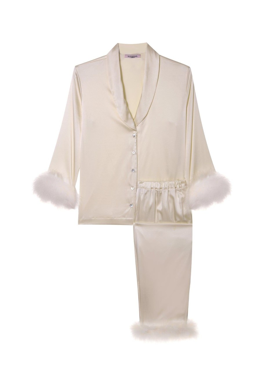 Women Gilda & Pearl Silk Pyjamas | Celeste Silk And Feather Pyjama Set Pearl