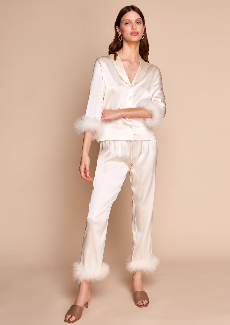 Women Gilda & Pearl Silk Pyjamas | Celeste Silk And Feather Pyjama Set Pearl